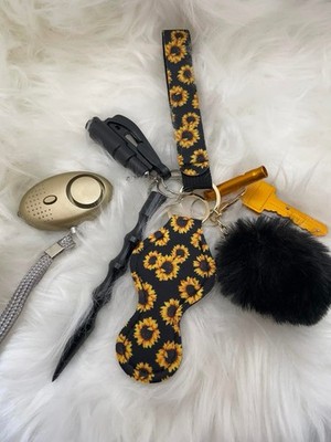 Sunflower Print Security Keychain Set with Alarm and Self-Defense Tool