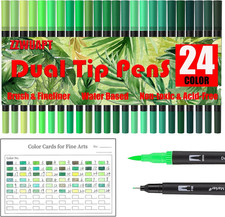 Green Double Tip Brush Pens Art Markers,24 Colored Artist Fine Brush Pen Colo...