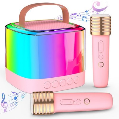 Mini Karaoke Machine with 2 Wireless Microphones, Bluetooth Speaker  LED Lights