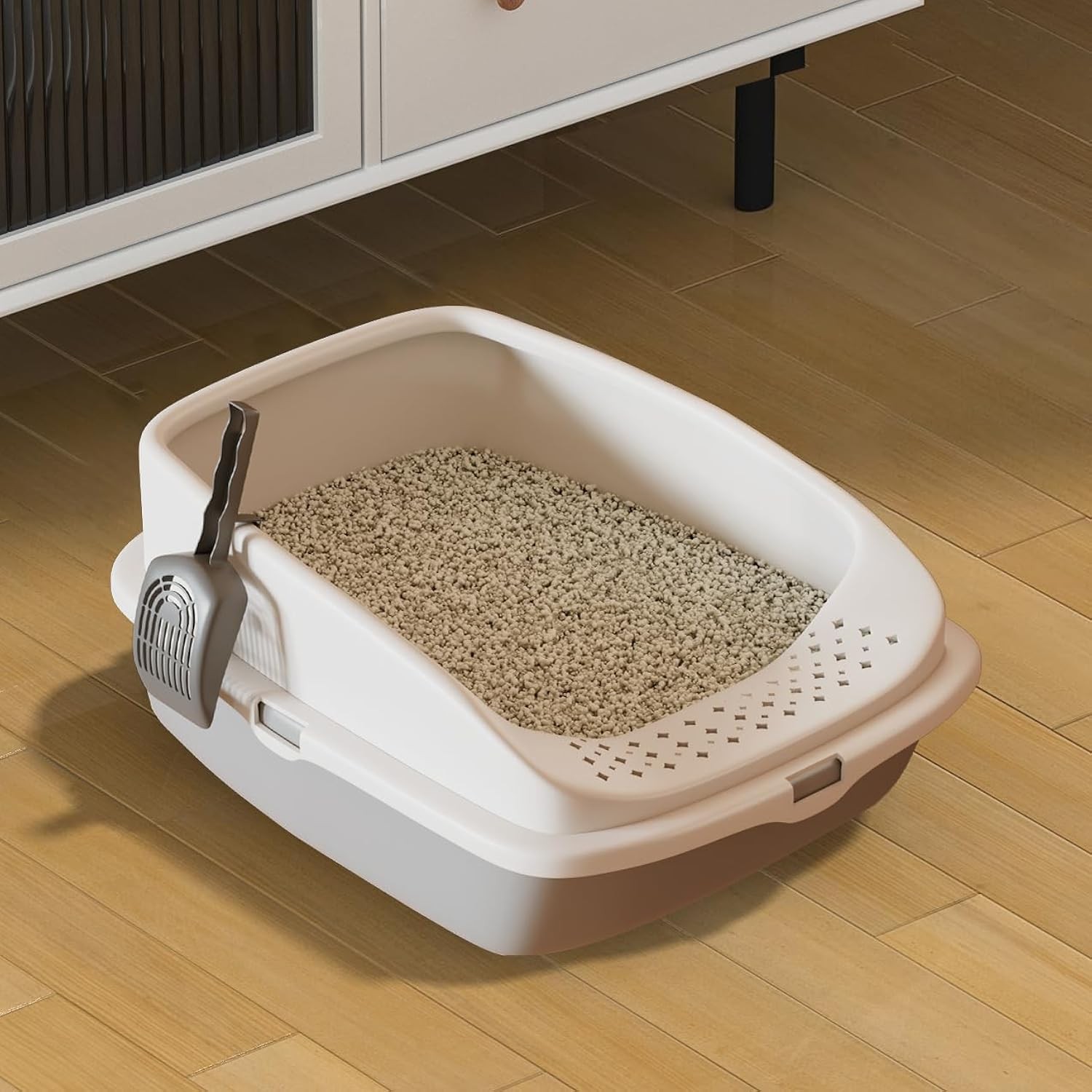 Cat Litter Tray Box Open Top with Scoop Plastic Detachable Rim Easy Cleaning