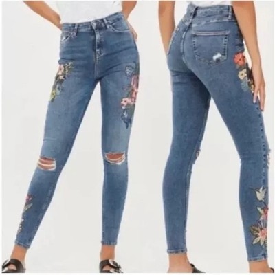 TOPSHOP Moto toucan parrot floral embroidered Jamie Jeans Size 30