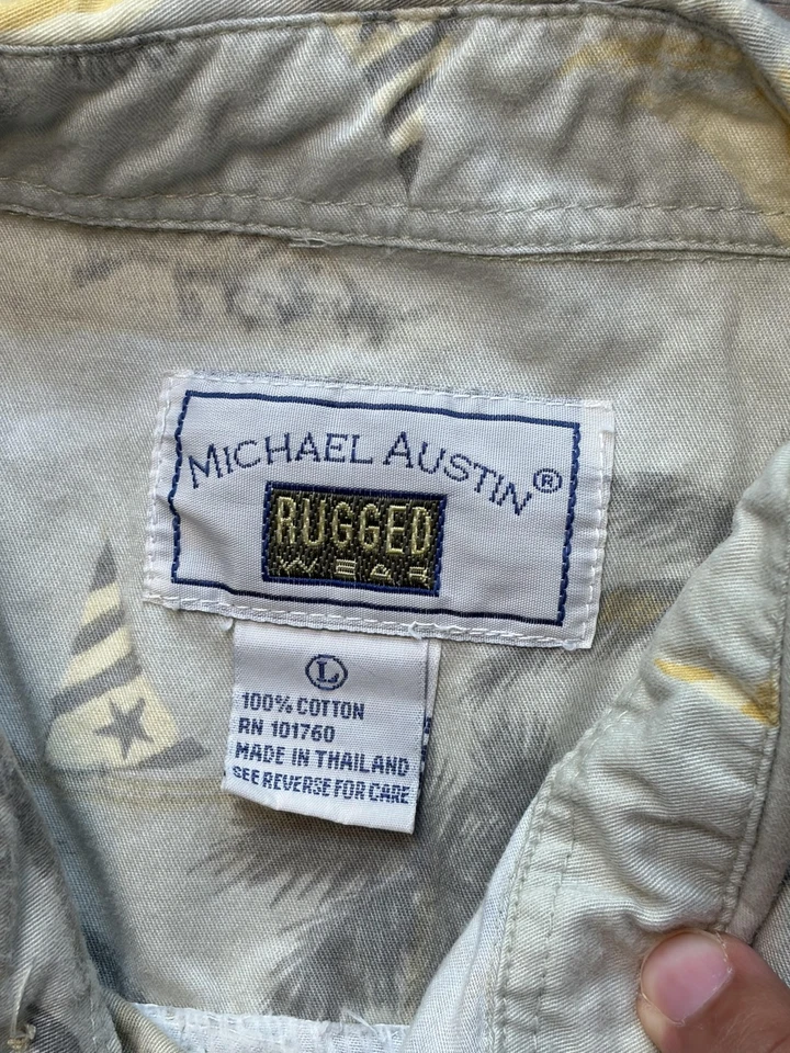 Michael Austin Shirt Mens Large Beige Palm Tree Sailboat Hawaiian Button Front - Image 3 of 4