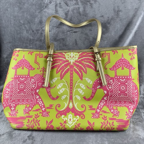 Spartina 449 Large Colorful Print Tote Bag Green With Pink Elephants Gold Trim - Picture 5 of 14