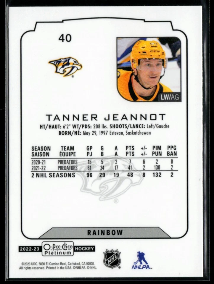 2022-23 O-Pee-Chee Platinum Rainbow #40 Tanner Jeannot - Image 2 of 2