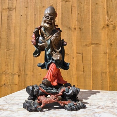 Chinesische antike geschnitzte Holz Foochow Lack Figur GROSS & Haare Fuzhou Shoulao