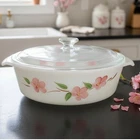 Anchor Hocking Fire King Milk Glass 1.5qt Casserole Dish, Vintage Peach Blossom