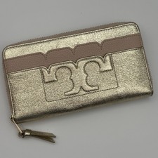 Tory Burch Scalloped Logo Zip Continental Wallet Gold Leather Blush Trim EUC