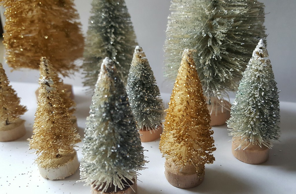 LOT 11 Mini METALLIC SILVER & GOLD Miniature Sisal Bottle Brush Christmas Trees