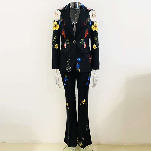 Temperament Womens Floral Print One Button Suit Blazer Trumpet Pants Formal Suit - Picture 3 of 19