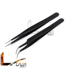 2 PCS BLACK EYELASH EXTENSION TWEEZERS STRAIGHT CURVED POINTED TIP
