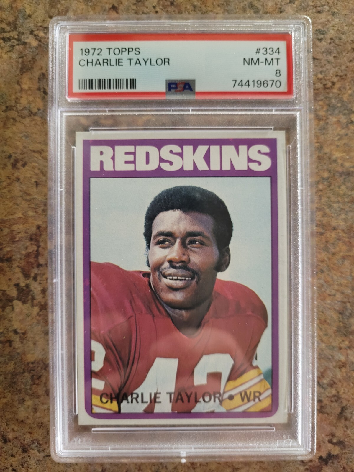1972 Topps Football Card Charley Taylor, High Number, #334, PSA 8, NM-MT