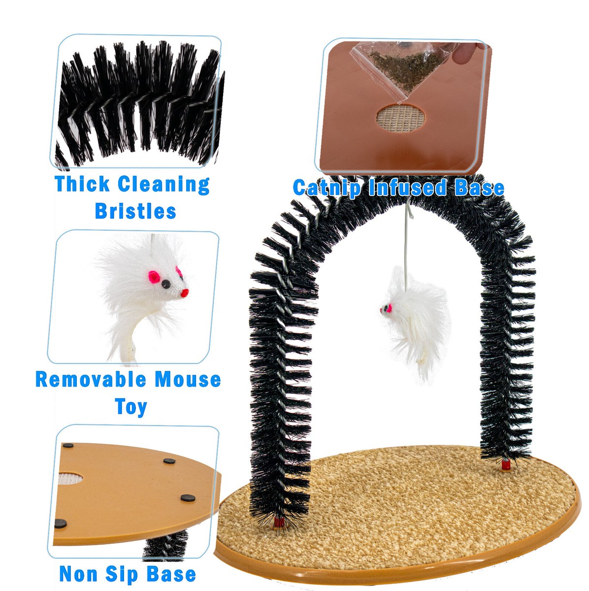 Cat Self Grooming Arch Toy Post w Mouse Toy, Bristle Brush Catnip