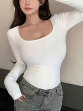 Long Sleeve Solid T-Shirt Womens Square Neck Long Sleeve T-Shirt, Size SMALL