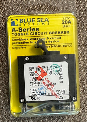Blue Sea 7212 A-Series Black Toggle Circuit Breaker - Single Pole 20-Amp AC/DC