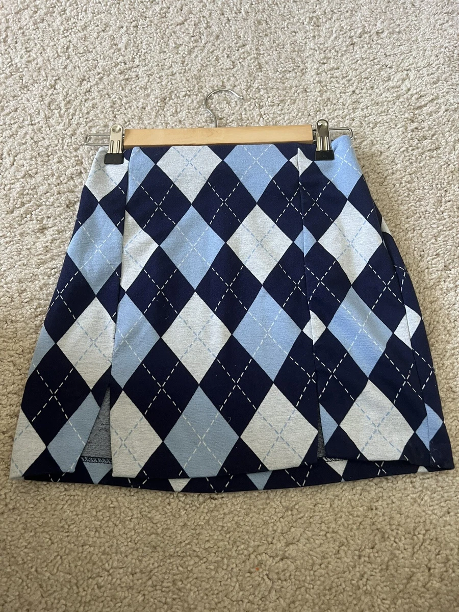 H M Blue Diamond Plaid Mod Retro Mini Skirt XS