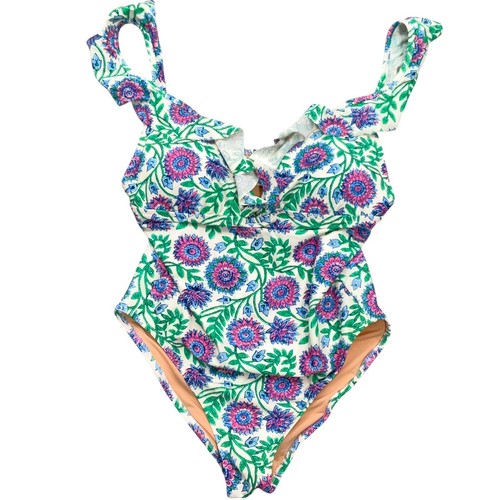 J. Crew One Piece Swimsuit Women M Blue Green Vibrant Floral Ruffle Padded Beach