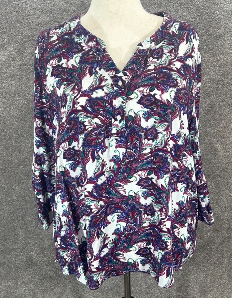 Blusa Laura Scott Top Mujer 2X Púrpura Paisley Henley Cuello en V Rayón Pestaña Enrollable Foto 3 de 4