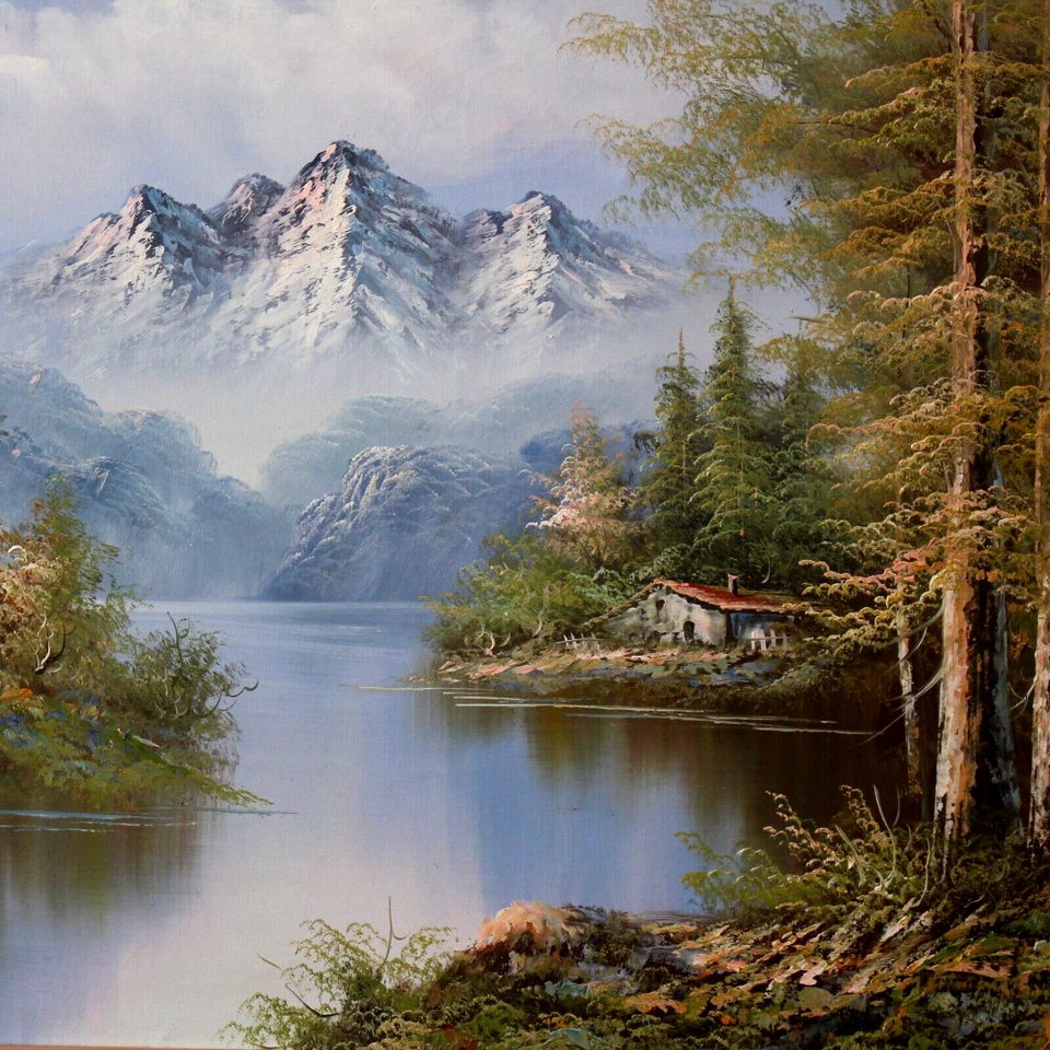 Vintage Oil Painting by R. Boren Cabin Creek Mountains Bob Ross Style 41"x29" - Image 3 of 4