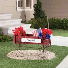 Personalized Rustic Red Wooden Amish Country Wagon Garden Statue Planter