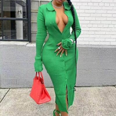 Micas Green Rib Knitted Collared Button Strips Flared Dress Size Large RefI027