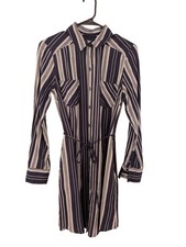 Merona Dress Womens Small Blue Striped Long Sleeve Button Shirt Belted Rayon