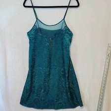Vintage Deena Women's Med Green Jacquard Satin Nightgown Lace  Mesh Detail USA