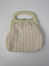 VTG Beaded Crochet Purse With Plastic/Acryllic Handle and Metal Clasp