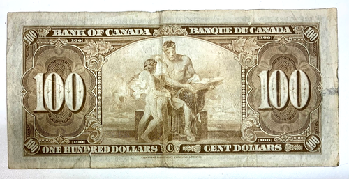 1937 $100 One Hundred Dollars Bank of Canada Currency Note Circulated with Tear - Picture 3 of 4