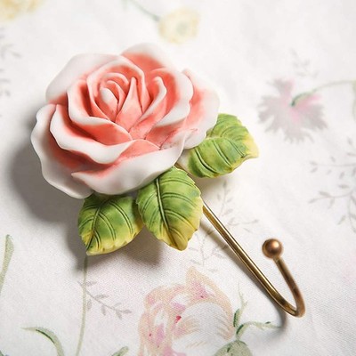 Beautiful Pink Flower Decorative Wall Hook, Fancy Cute Handmade Resin Rose Ro...