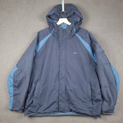 Vintage NIKE Jacket Mens 2XL Blue Reversible Rain Coat Parka Fleece Hooded Y2K