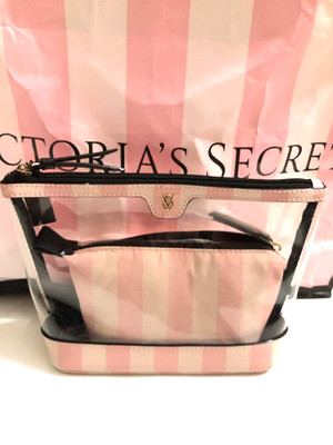 Victoria's Secret AM/PM Beauty Cosmetic Makeup Bag Duo Pink Stripe NWT