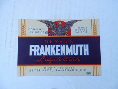 FRANKENMUTH GEYER'S LAGER IRTP 12 OZ BEER LABEL~GEYER BROS, FRANKENMUTH, MI