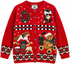 Tiara Vintage Red Christmas Teddy Bear Knit Cardigan Sweater Women L
