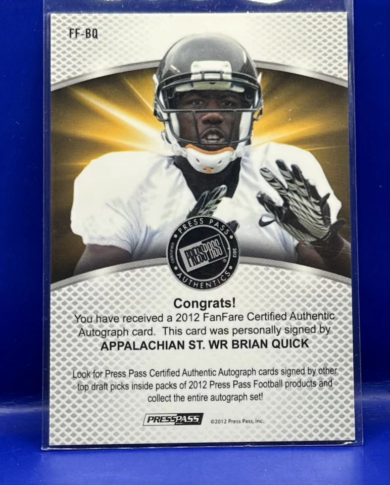 2012 Press Pass Fanfare #FF-BQ Brian Quick RC Rookie Auto Appalachian St Rams - Image 2 of 2