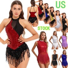 US Womens Glittery Rhinestone Fringed Leotard Latin Tango Dance Dress Stage Show