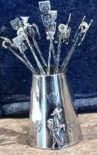Set Cocktail Vintage Firmato MML Peruviano Argento Sterling Pick con Porta Caddy
