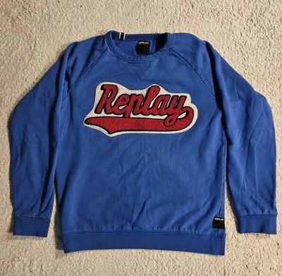 Replay Mens M Blue Chenille Script Logo Crewneck Sweatshirt Pullover Varsity