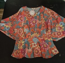 Umgee Floral Kimono Sleeve Ruffle Blouse Orange Multicolor Medium