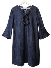 Draper James Shift Dress Blue Chambray Denim Size 12 Ruffle Neck 3/4 Bell Sleeve