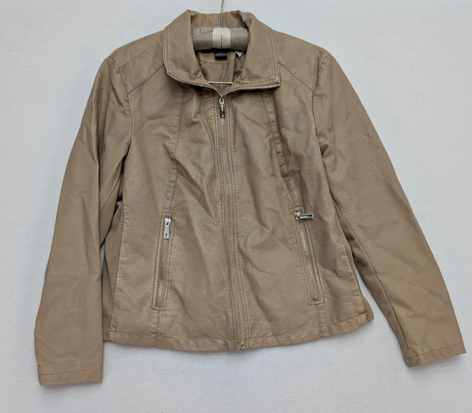 Kenneth Cole Reaction 女式人造皮革夹克 XL 码米色摩托车摩托车 — 第 2/4 张图片