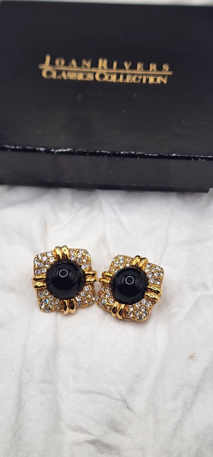 Joan Rivers vintage gold rhinestone & black bead clip earrings