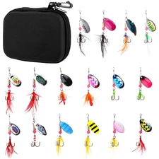 16 Piece Spinner For Fishing Bait Kit Rotating Metal Lures with ABS Hooks
