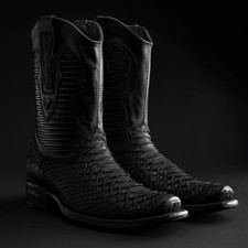 Genuine Exotic Python Snakeskin European Square Toe Zipper Western Boots - Black