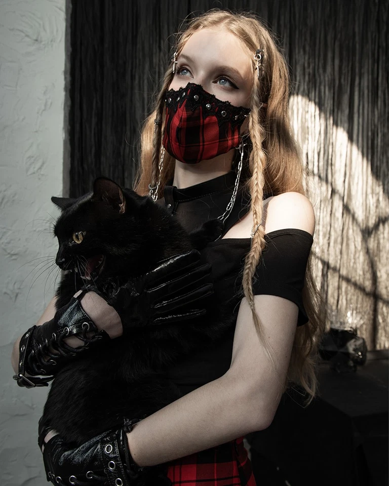 Punk Rave Womens Gothic Punk Chic Face Covering Mask Red Black Plaid Lace Chains - Image 3 of 4