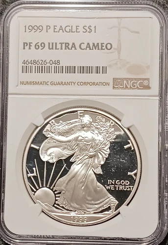 1999 P PROOF SILVER EAGLE NGC PF69 ULTRA CAMEO CLASSIC BROWN LABEL