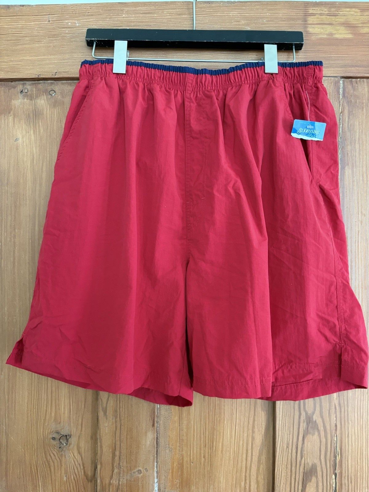 NWT St John’s Bay Red Blue Swim Trunks Size L Bonus Safety Wallet