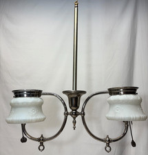 Antique Gas Chandelier Chrome Vtg Victorian Light Fixture Art Glass Shade #L94