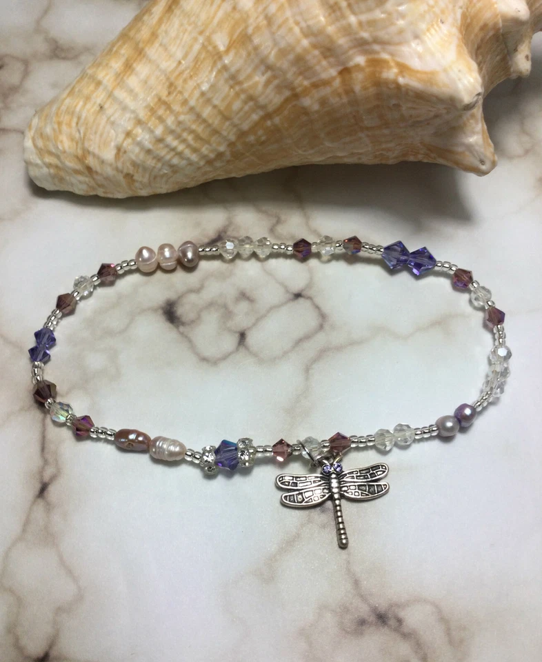 Pulseira/tornozeleira de cristal roxo de cura feita à mão com elementos Swarovski EUA - Imagem 3 de 3