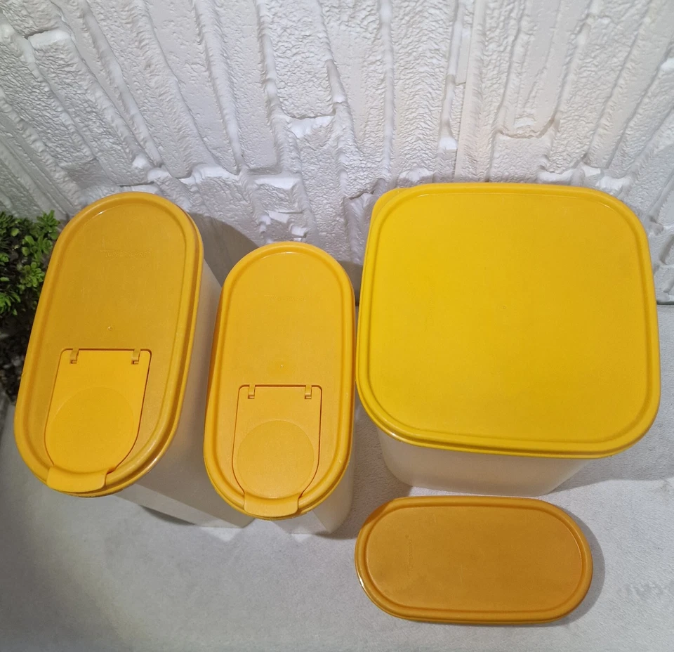 80s Vintage Tupperware Modular Mates Canisters – Set of 4, Stackable, Yellow Lid - Image 2 of 4