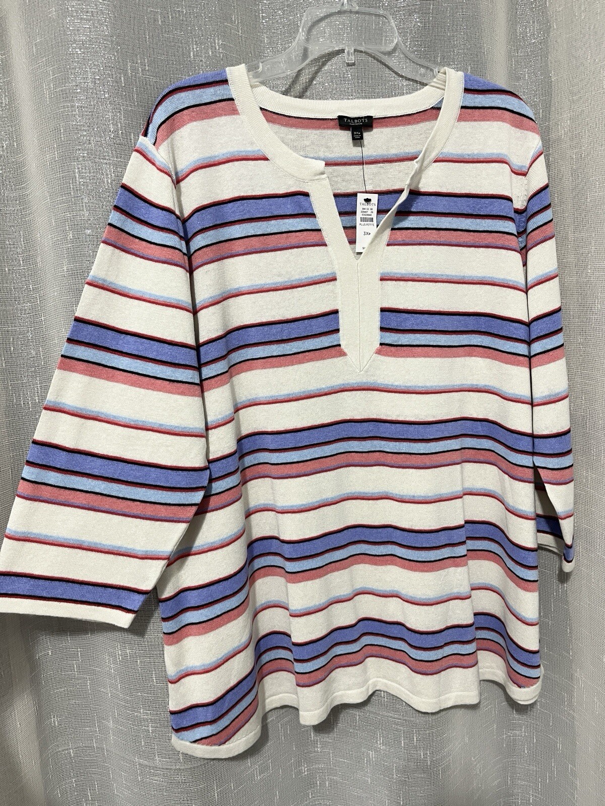 NWT TALBOTS 3X Petite P 3/4 Slv V-Neck Sweater Linen Blend Beige Blue Stripe $89